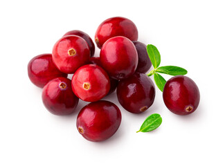 Cranberry isolated on white. 
Heap of cranberries with leaves isolated on white background. 