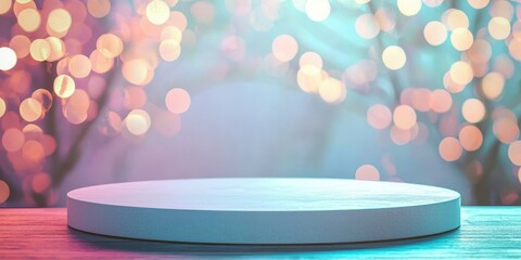 a round speaker on a wooden table with trees and lights in the background 