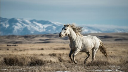 Fototapeta premium Wild Spirit: White Horse Galloping Freely in Open Landscape