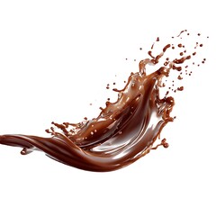 A brown liquid, possibly chocolate, is splashing and swirling against a white background