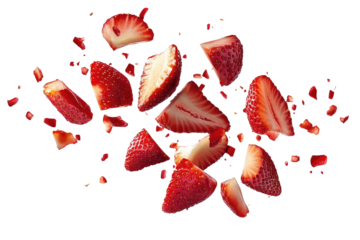 Sliced Strawberries Falling Mid Air  isolated on a transparent background