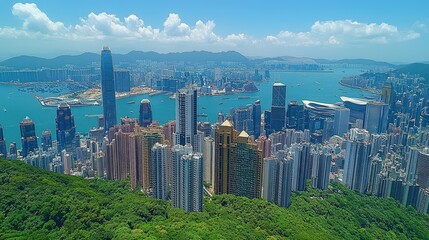 Fototapeta premium Panoramic view of Hong Kong city skyline from a high vantage point.