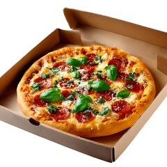 A delicious looking pizza sits inside an open cardboard box. The pizza is topped with pepperoni, cheese, and fresh basil leaves. The crust appears golden brown and crispy.