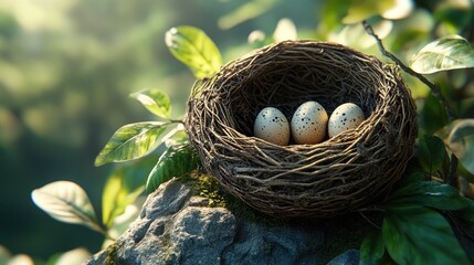 Fototapeta premium Three speckled bird eggs sit nestled in a woven nest on a mossy rock, bathed in the soft glow of morning sunlight.