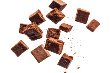Brownie Squares Descending Mid Air  isolated on a transparent background
