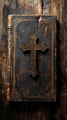 Antique Bible, cross, wooden background, faith