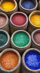 Naklejka premium Vibrant Colorful Powder Pigments in Wooden Jars
