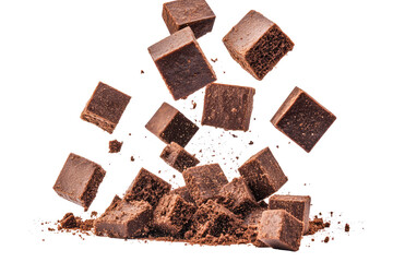 Brownie Squares Descending Mid Air  isolated on a transparent background