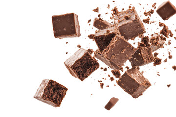 Brownie Squares Tumbling Through The Air  isolated on a transparent background