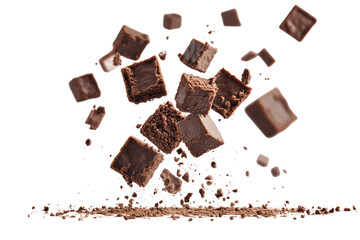 Brownie Squares Tumbling Through The Air  isolated on a transparent background