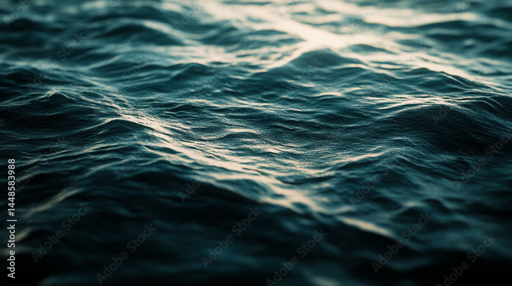 Poster close-up of dark teal water texture, showing gentle waves creating a tranquil appearance, symbolizin
