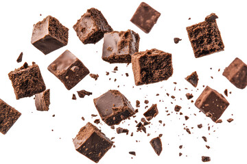 Brownie Squares Tumbling Through The Air  isolated on a transparent background