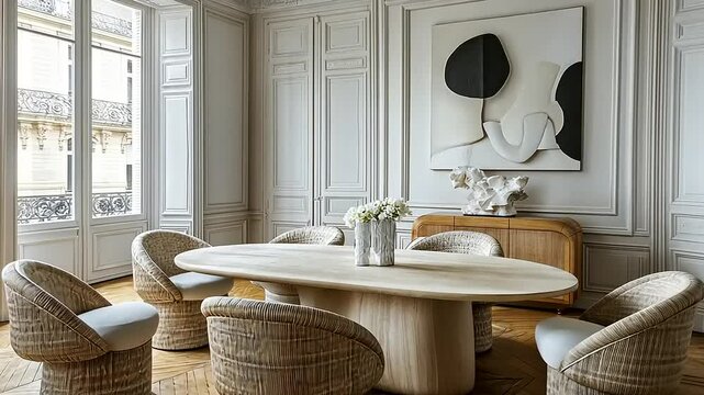Chic dining room with oval table, wicker chairs, artwork, and classic architectural details