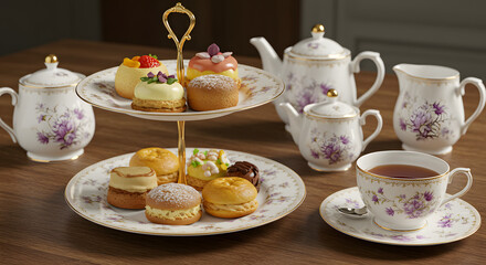 Fototapeta premium A beautifully arranged afternoon tea set, featuring cakes, pastries, and floral teaware on a wooden table.