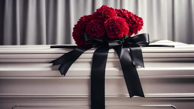 A close-up of a funeral banner with an elegant arrangement of deep red carnations and a flowing black ribbon, set against a soft-focus background of muted colors to convey a respectful atmosphere