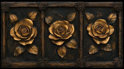 Ornate wood panel with three golden roses.
