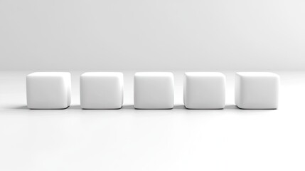 Five identical white cubic forms in a straight line.