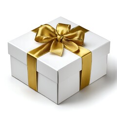 Fototapeta premium A pristine white gift box is adorned with a luxurious gold ribbon. The ribbon is meticulously tied into a bow, adding a touch of elegance. The box sits against a clean background