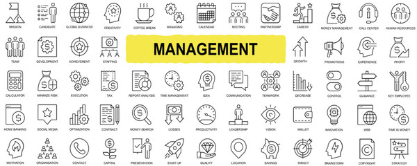Management and Business Icon Set – Office, Human Resources, and Productivity Line Icons