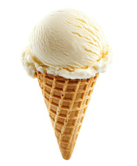 Vanilla or cream ice cream cone on transparent background – light scoop in waffle, isolated PNG dessert for summer menu, sweet food design or packaging