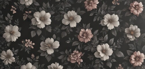 Subtle charcoal floral wallpaper with vintage-inspired blooms and leaves , print, grey