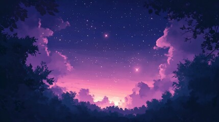 A dreamy, twilight sky seen through a dense forest canopy.