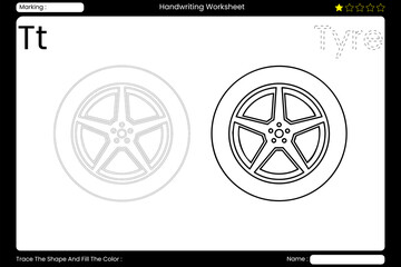 Trace Letter T. Fun Tyre Coloring Page for Kids. Printable Vocabulary Builder. Educational Vector Worksheet