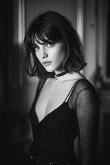 Naklejka premium A beautiful woman in a black chic dress and dark make-up posing in elegant room. Black and white fashion photography. Fashion. Style. 