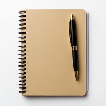 Quaderno con penna su sfondo bianco.