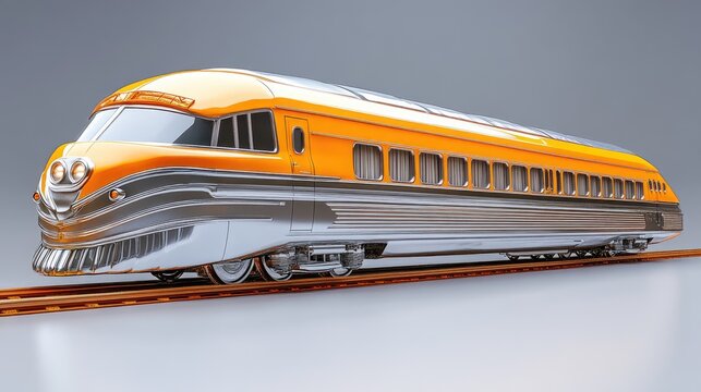 A retro-styled passenger train, with a streamlined design, is shown against a light grey background.  The train is painted in a classic yellow and silver scheme.