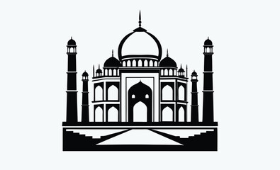 taj mahal silhouette, black and white, indian monument vector, famous landmark illustration, simple architectural design