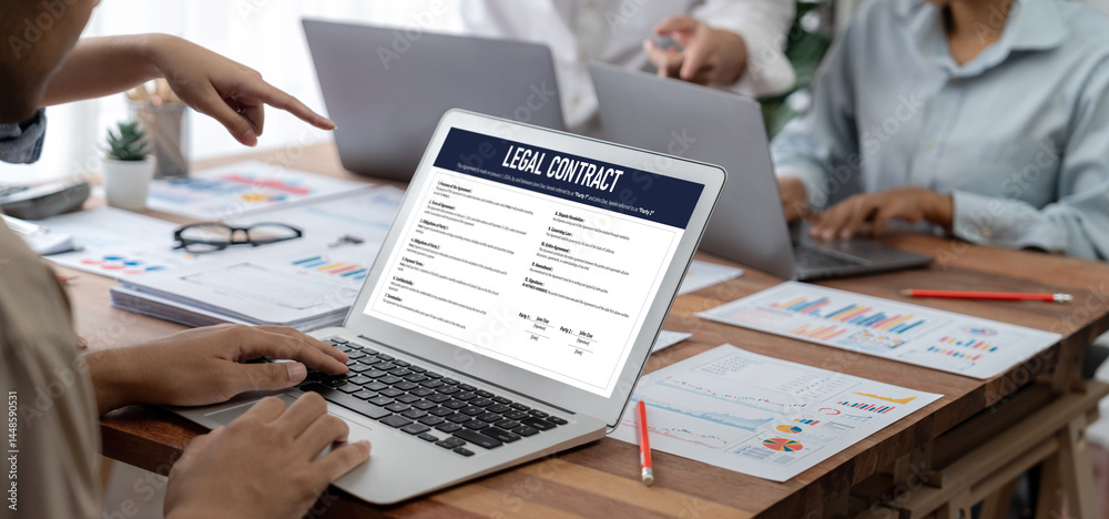 Poster Digital legal contract provide terms and conditions document on computer screen ready for online digital signature for deal agreement of future business brisk