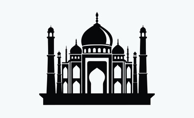 taj mahal silhouette, black and white, indian monument vector, famous landmark illustration, simple architectural design