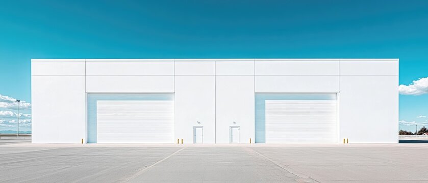 Modern white building with two large garage doors and two small doors in the middle, against a blue sky.