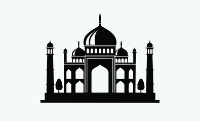 taj mahal silhouette, black and white, indian monument vector, famous landmark illustration, simple architectural design
