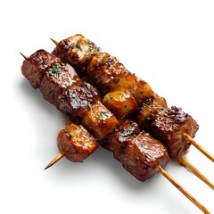 Four skewers of grilled meat are displayed against a white background