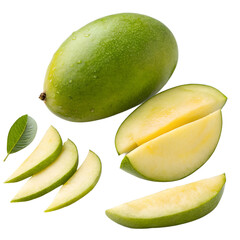 green mango with slices on white background