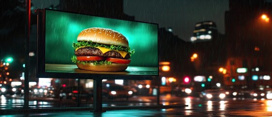 A delicious hamburger is displayed on a billboard in the rain at night.