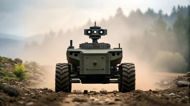 A robotic vehicle navigates a rugged terrain, surrounded by forests and mist, showcasing advanced technology in a natural setting.