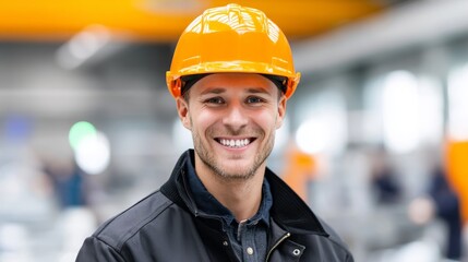 Happy Young Factory Technician - A cheerful young man, a skilled technician, smiles confidently in a factory setting. He symbolizes hard work, innovation, expertise, progress