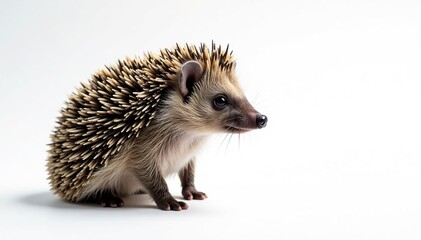 Obraz premium A lone hedgehog, facing right, against a bright white backdrop, view, white, isolated animal