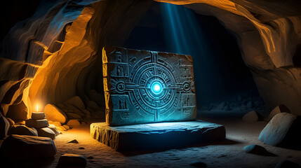 A striking image of a glowing stone tablet surrounded by cave walls, evoking feelings of mystery, exploration, and the allure of ancient artifacts waiting to be discovered by adventurers.