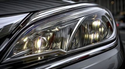 Car headlight detail, intricate design, bright light