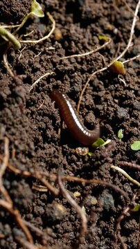 Millipede crawling on soil surface