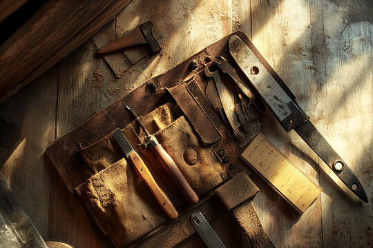 Aged leather tool bag with vintage tools on wooden surface, showcasing craftsmanship and history, representing hard work and tradition