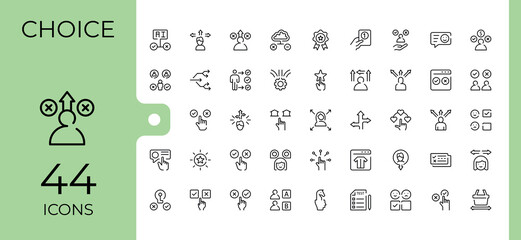 Choice icon set. Select icon set. Outline icons collection. Contain linear sign selection, direction, choose, alternative, decision and more. Editable stroke vector art.