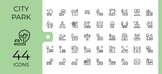 City Park simple icon set. Minimalist linear icons. Includes symbols for park, infrastructure, house, playground, city. Editable vector. Infrastructure icon set.