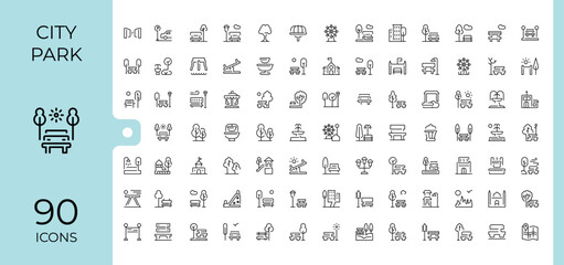 City Park simple icon set. Minimalist linear icons. Includes symbols for park, infrastructure, house, playground, city. Editable vector. Infrastructure icon set.