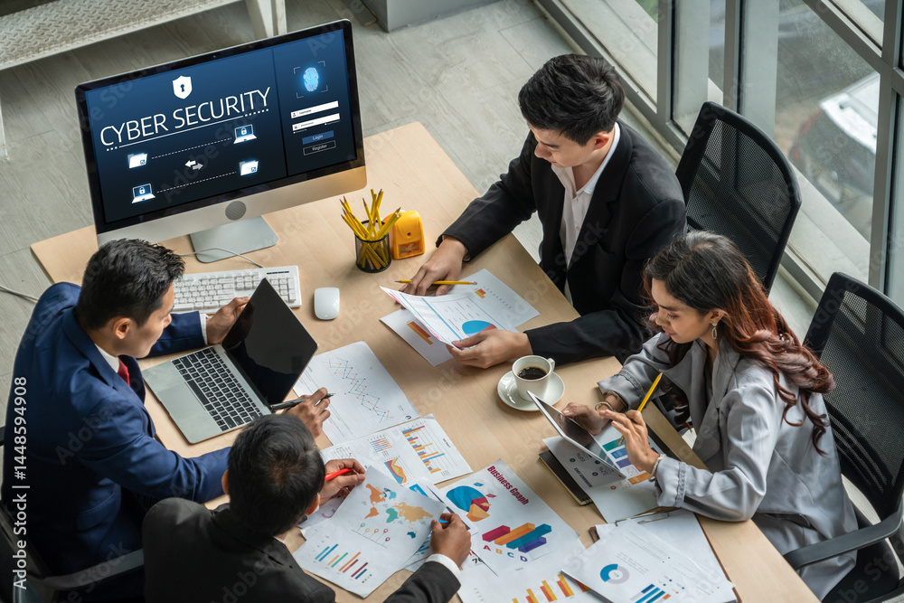Poster cyber security system on computer screen protect private information snugly from hacker and cyber at