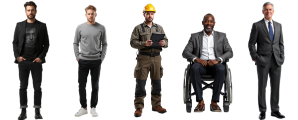 Diverse business team cutout featuring creative, tech, and executive professionals, including person in wheelchair. Isolated on transparent background. Ideal for corporate marketing, team pages,